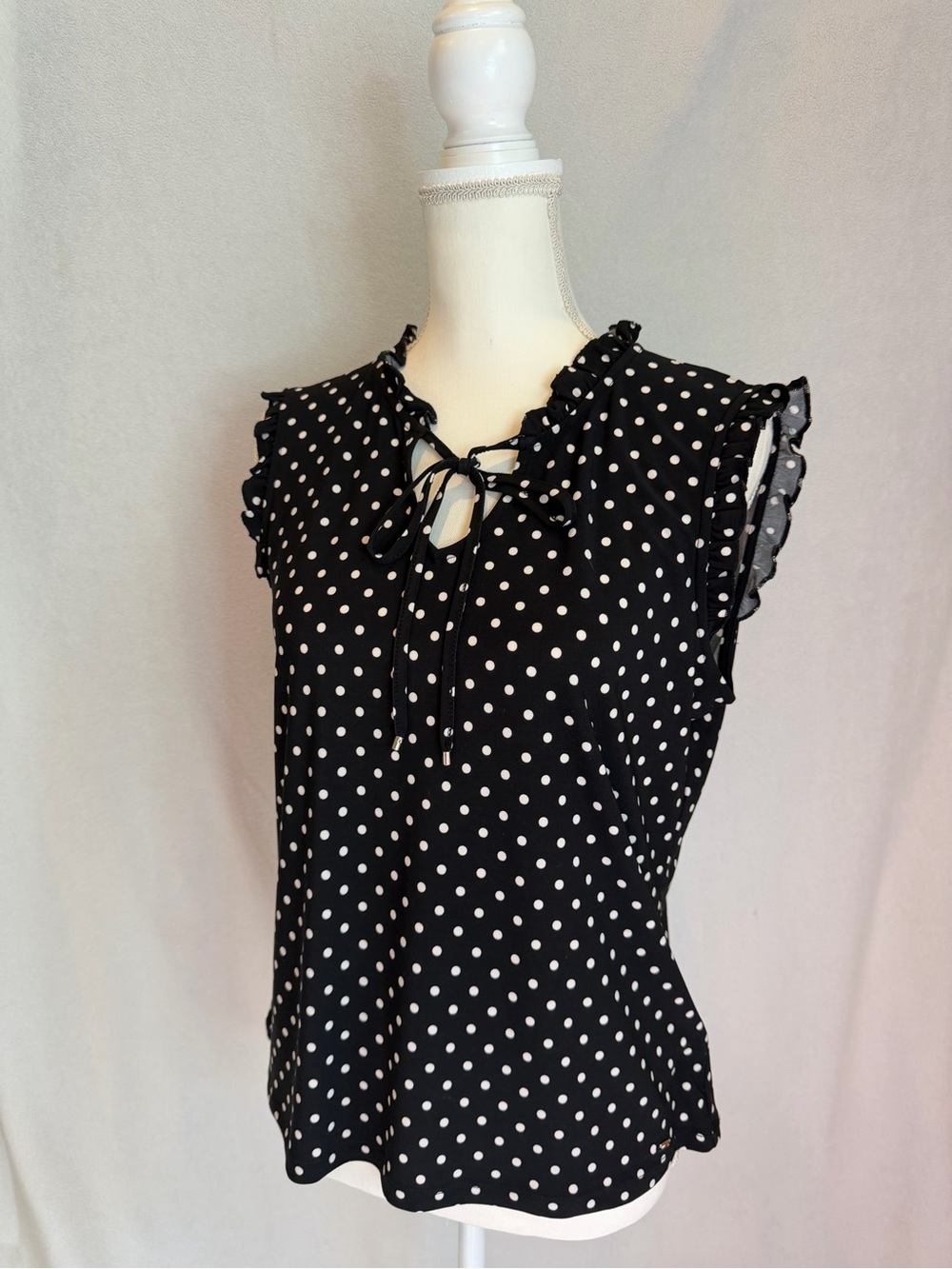 Tommy Hilfiger Black and White Polka Dot Ruffle Tie Neck Top